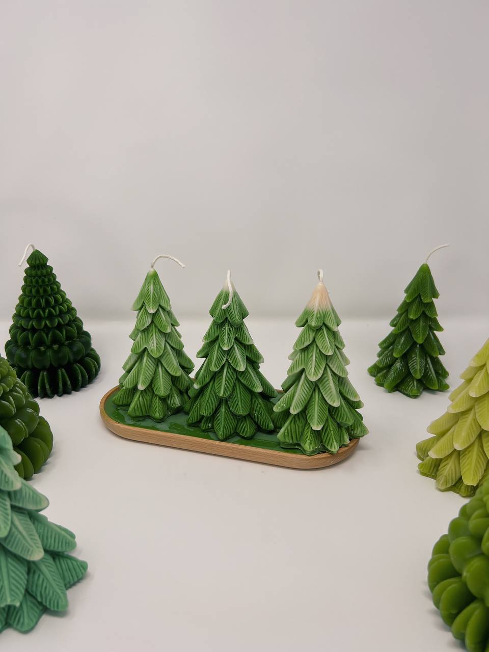 3 Christmas Tree Candles + Wood Tray