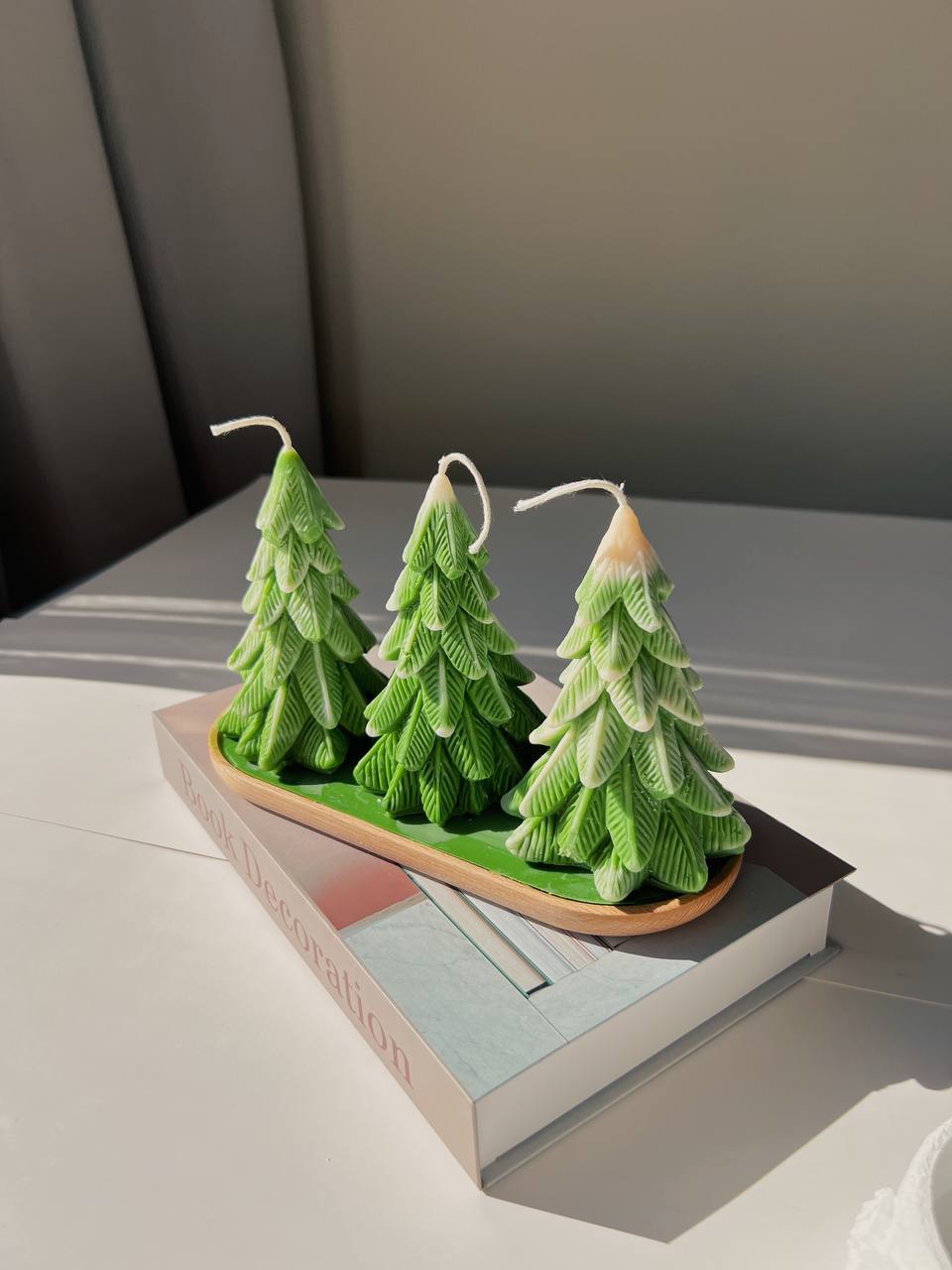 3 Christmas Tree Candles + Wood Tray